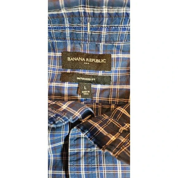 Banana Republic Mens Untucked Fit Navy Blue Plaid Button Down Shirt Large Casual - Picture 4 of 9